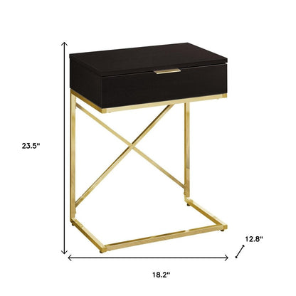 24" Black And Gold Wood And Iron End Table With Drawer