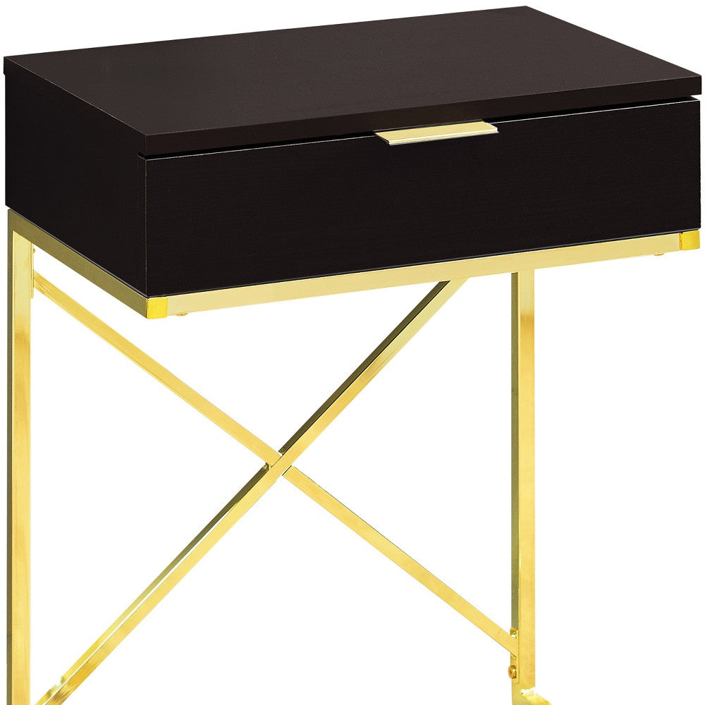 24" Gold And Black Wood And Metal End Table With Drawer