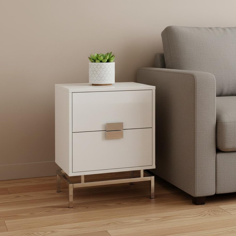 24" White And Silver Wood And Iron End Table With Two Drawers