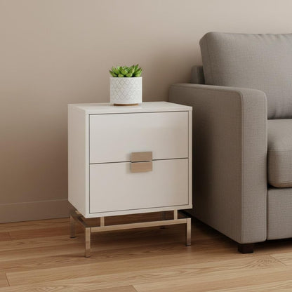 24" White And Silver Wood And Iron End Table With Two Drawers
