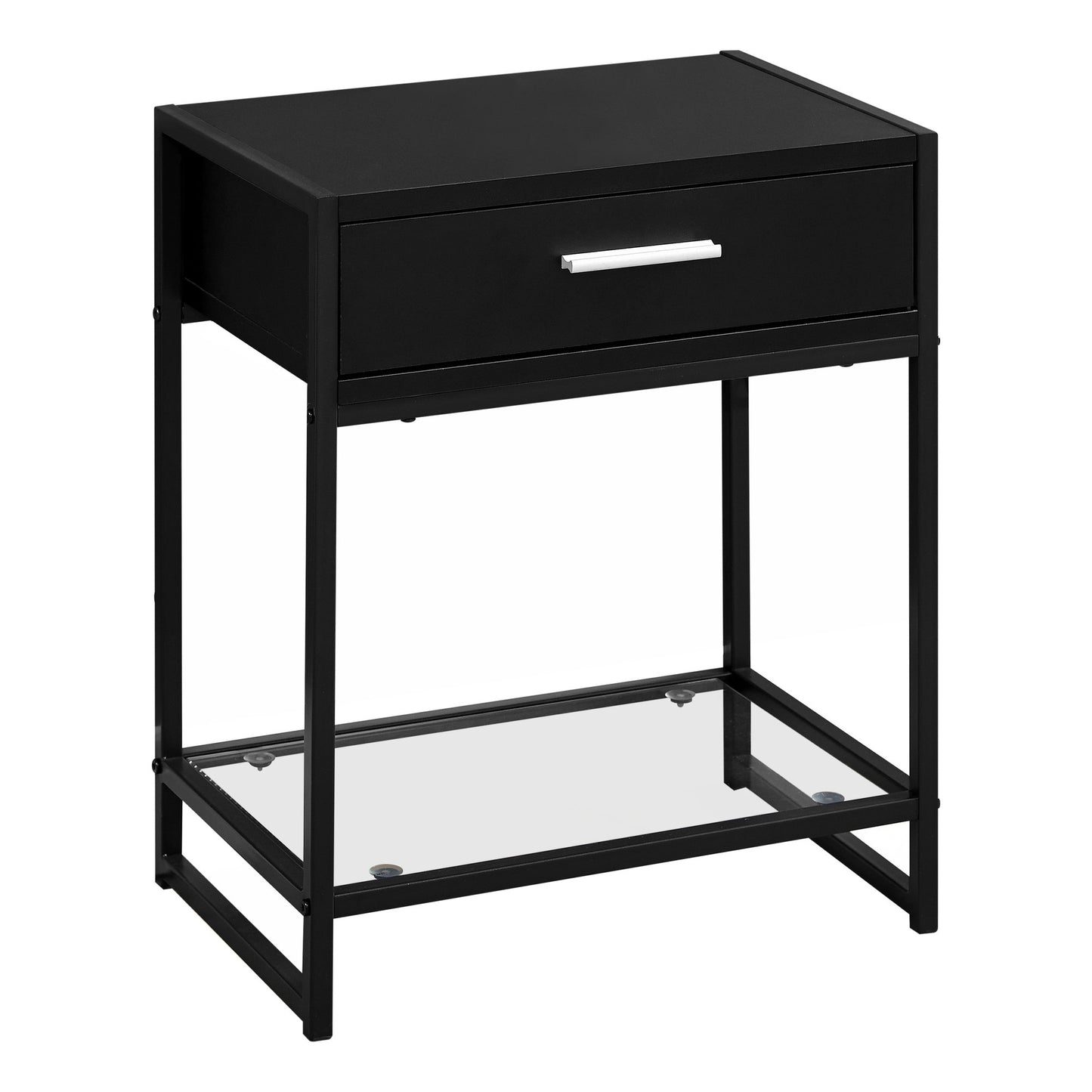 22" Black And Deep Taupe Glass And Metal End Table With Drawer And Shelf