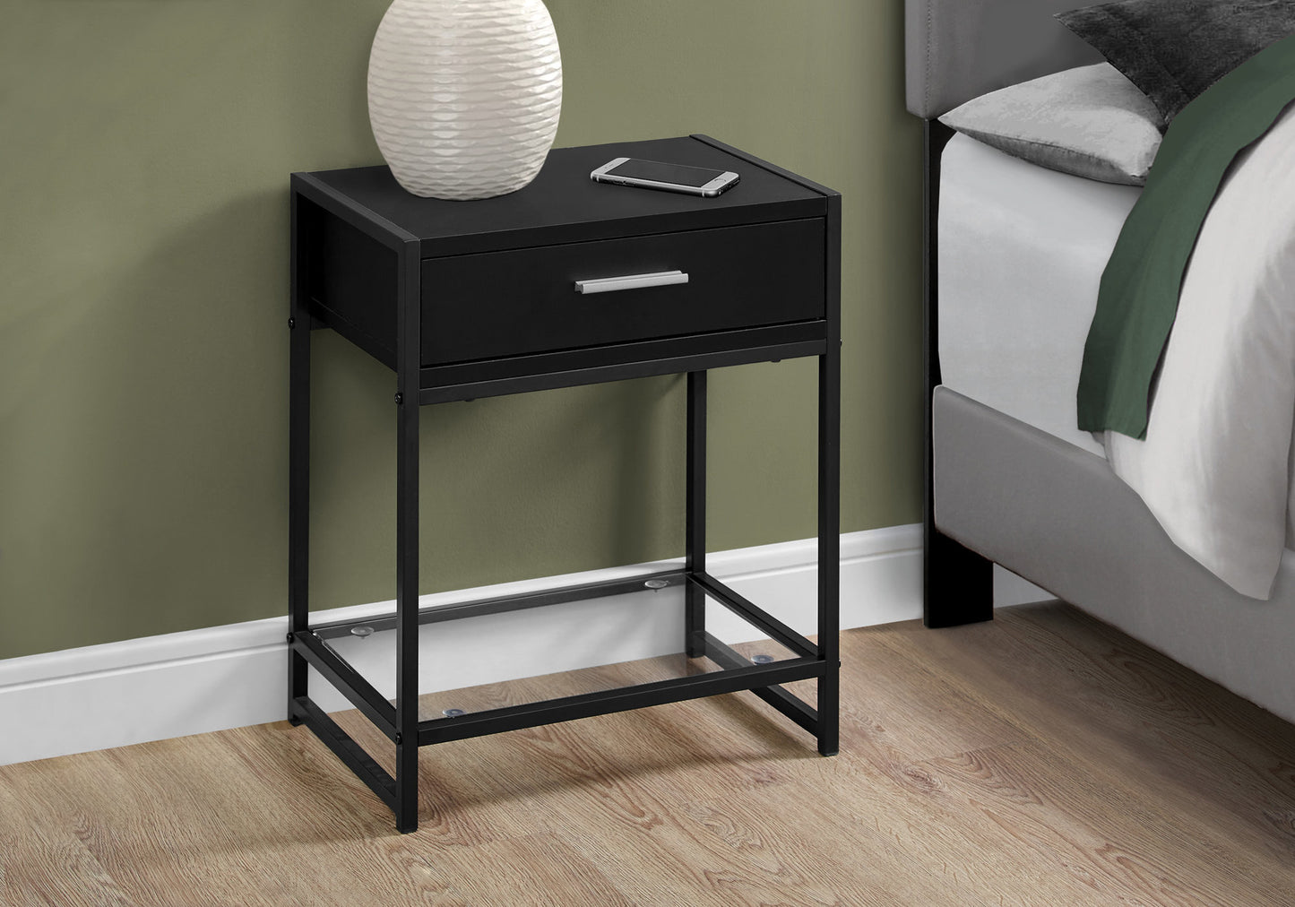 22" Black And Deep Taupe Glass And Metal End Table With Drawer And Shelf