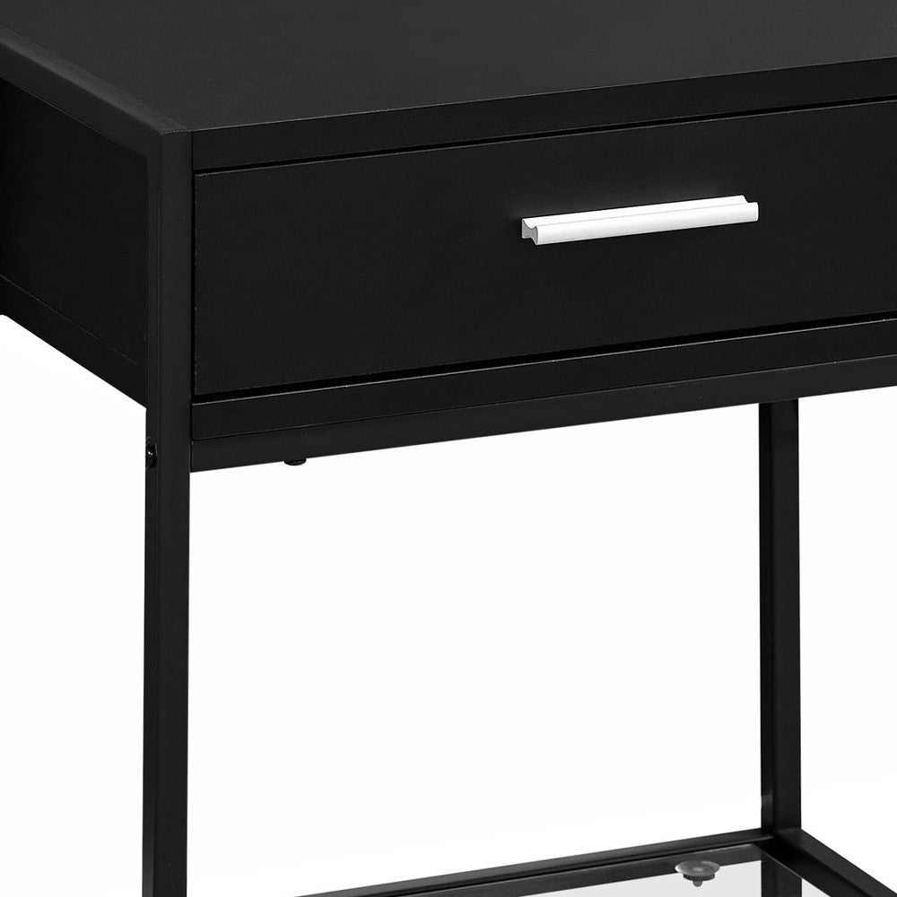 22" Black And Deep Taupe Glass And Metal End Table With Drawer And Shelf