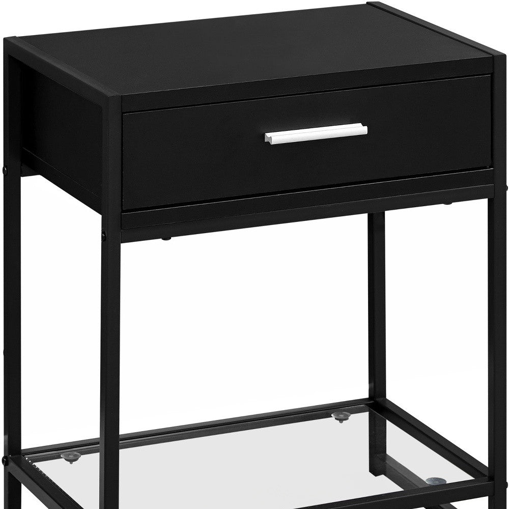 22" Black And Deep Taupe Glass And Metal End Table With Drawer And Shelf