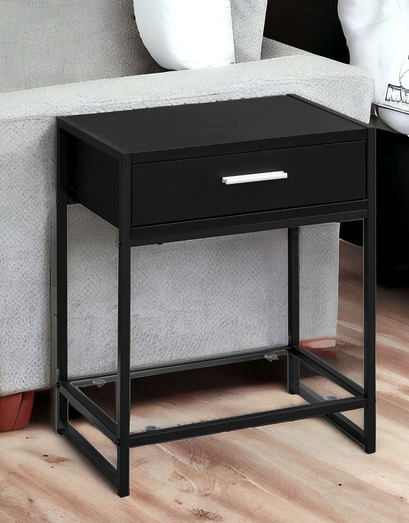 22" Black And Deep Taupe Glass And Metal End Table With Drawer And Shelf