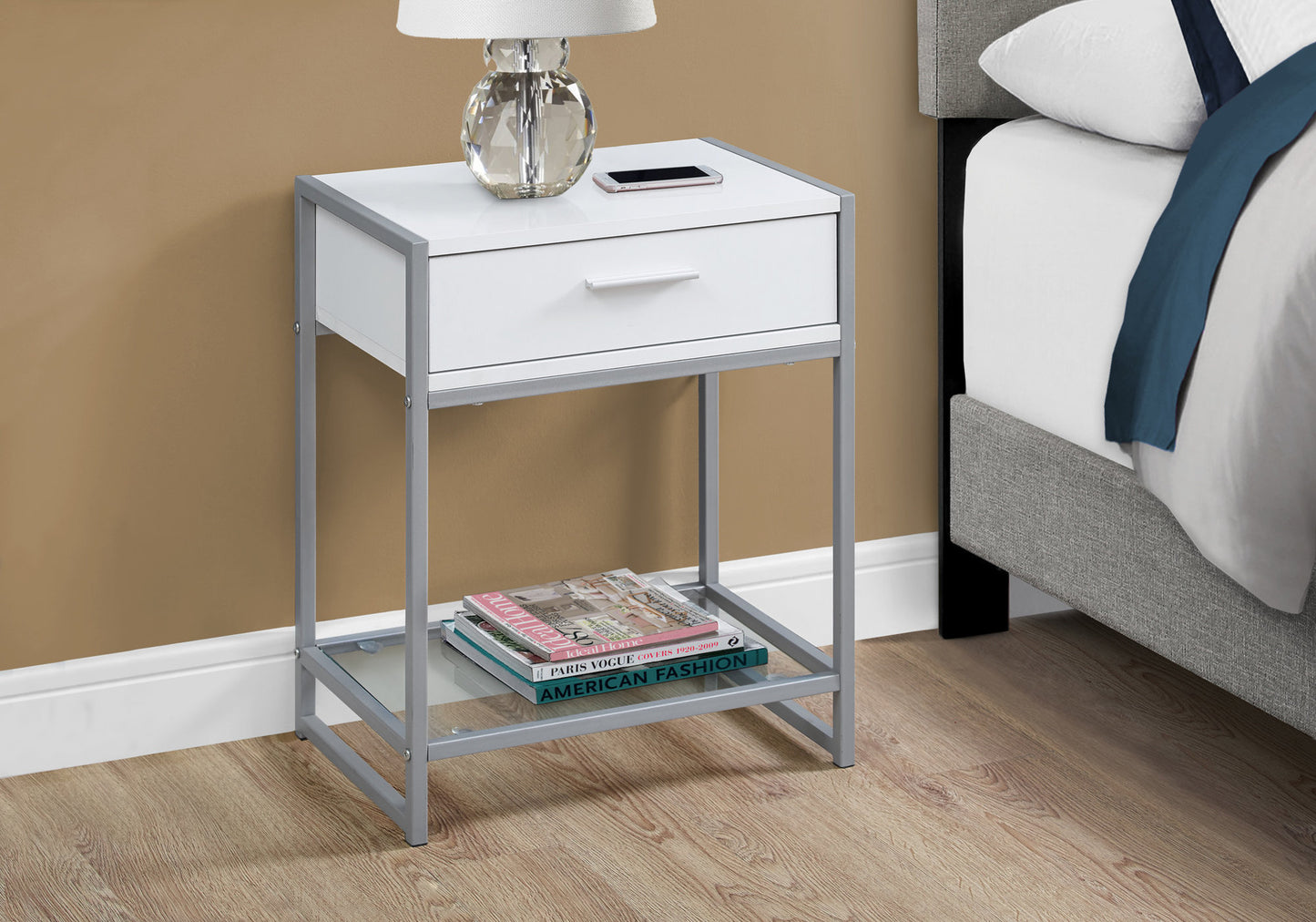 22" Black And Deep Taupe Glass And Metal End Table With Drawer And Shelf