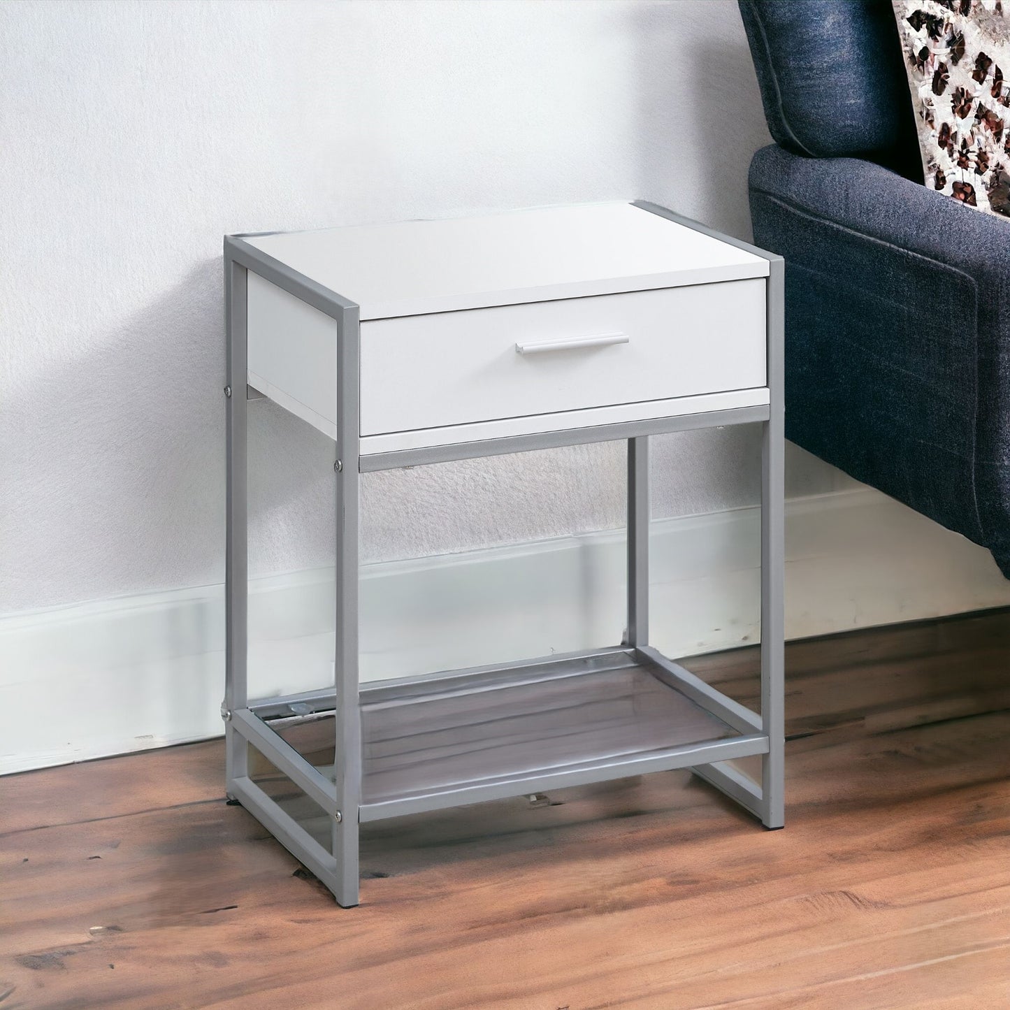 22" Black And Deep Taupe Glass And Metal End Table With Drawer And Shelf