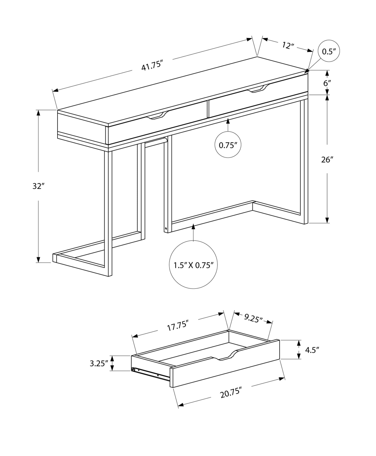 42" Gray and Black Frame Console Table And Drawers