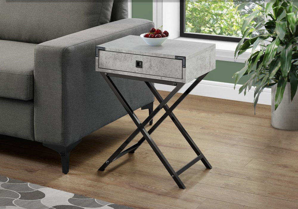Product title: 24" Silver And Deep Taupe Wood And Metal End Table With Drawer