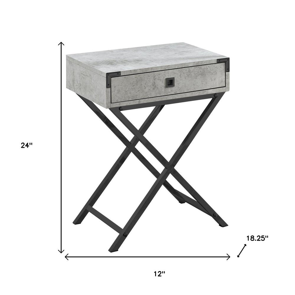 24" Gray And Black Wood And Iron Cross Legs End Table With Drawer
