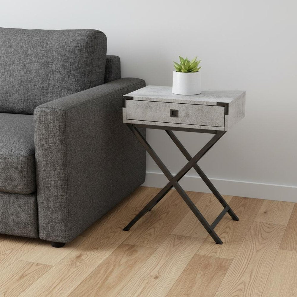 24" Gray And Black Wood And Iron Cross Legs End Table With Drawer
