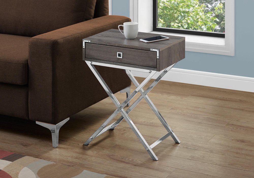 24" Gray And Black Wood And Iron Cross Legs End Table With Drawer
