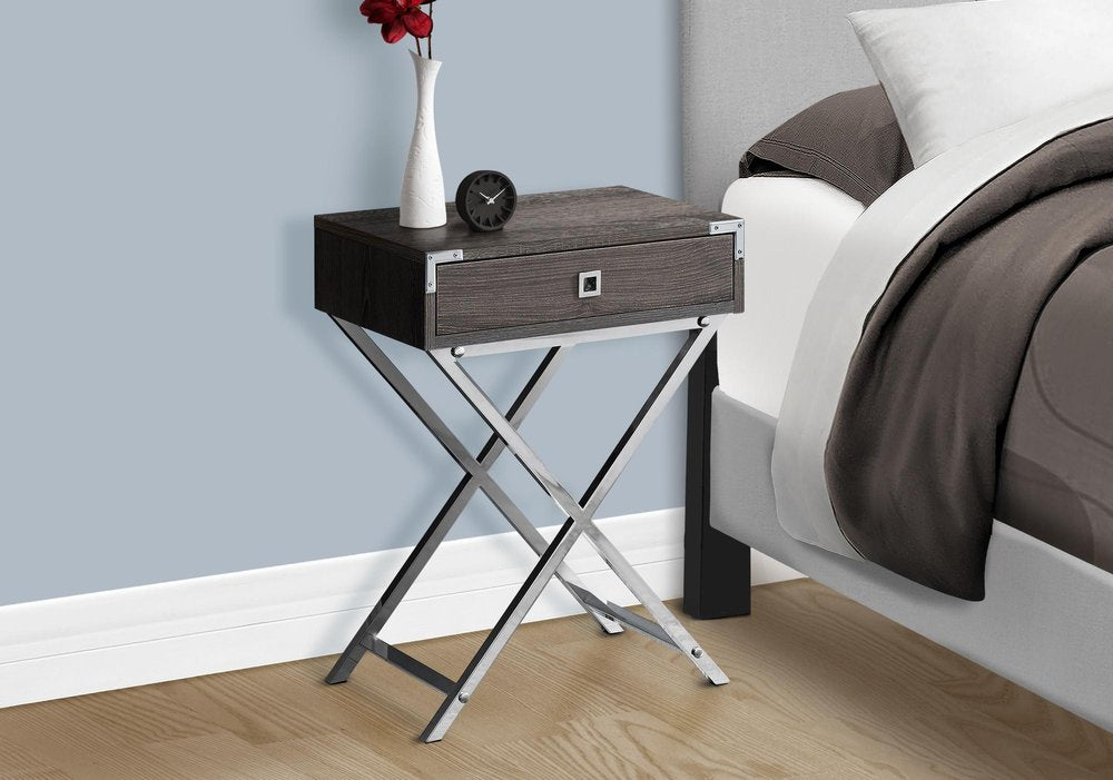 24" Gray And Black Wood And Iron Cross Legs End Table With Drawer