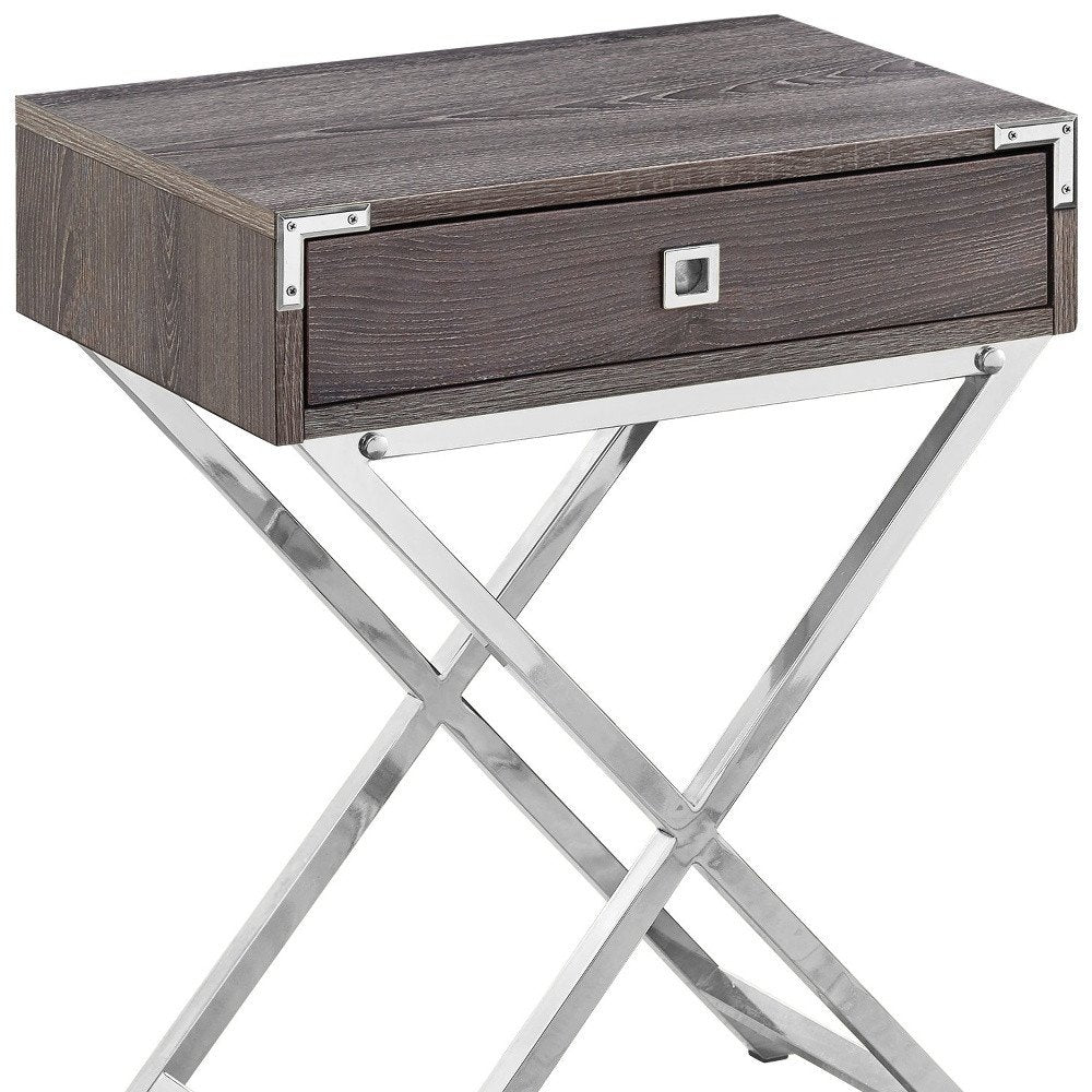 24" silver and deep taupe wood and metal end table with drawer
