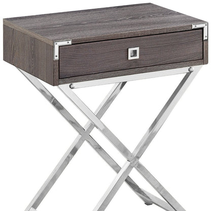 24" silver and deep taupe wood and metal end table with drawer
