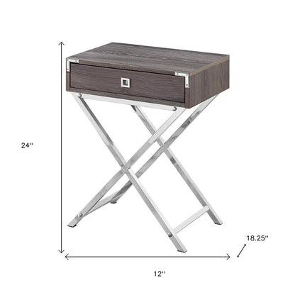 24" Gray And Black Wood And Iron Cross Legs End Table With Drawer