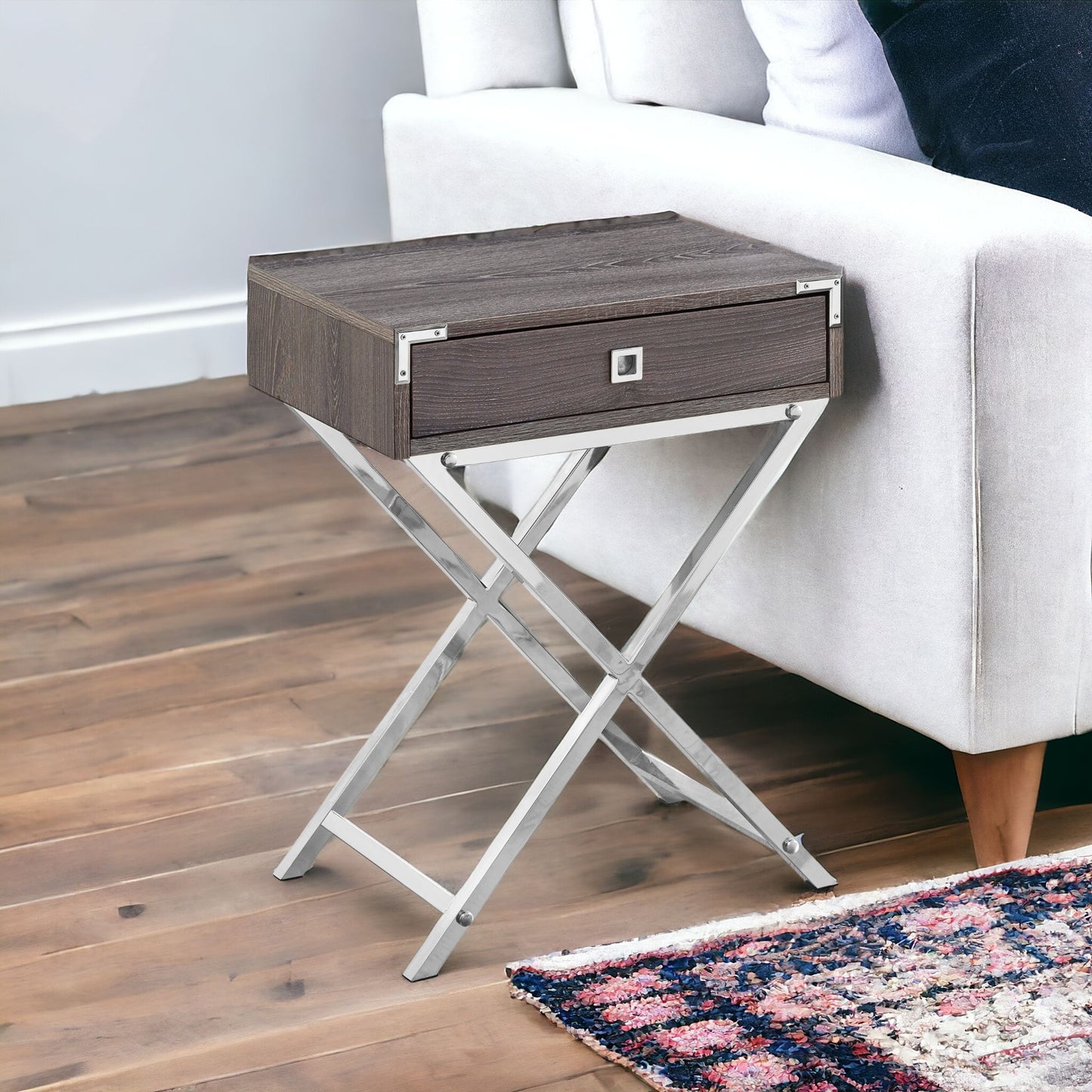 24" Black And Gray Wood And Metal End Table With Drawer