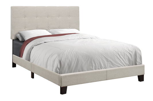 Beige Solid Wood Tufted Upholstered Linen Bed Frame