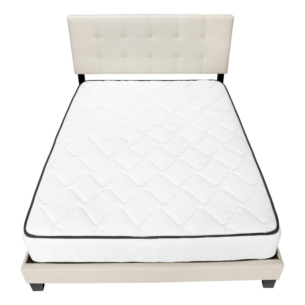 Gray queen-size tufted upholstered bed frame with a padded headboard.