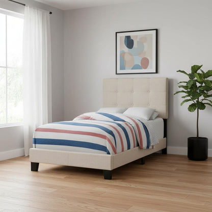 Beige Twin Tufted Upholstered Linen Bed Frame with Nailhead Trim