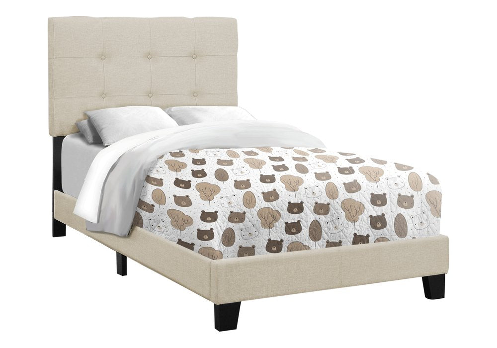Beige Twin Tufted Upholstered Linen Bed Frame with Nailhead Trim