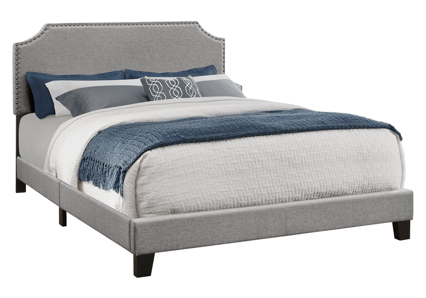 Gray Standard Bed Upholstered With Nailhead Trim And With Headboard