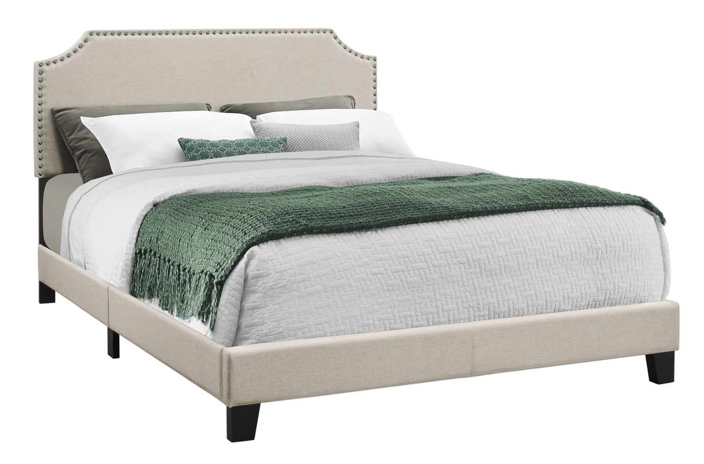 Gray Standard Bed Upholstered With Nailhead Trim And With Headboard