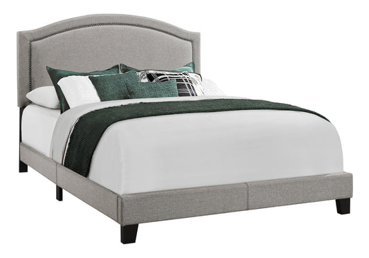 Solid Wood Queen Gray Upholstered Linen Bed With Nailhead Trim