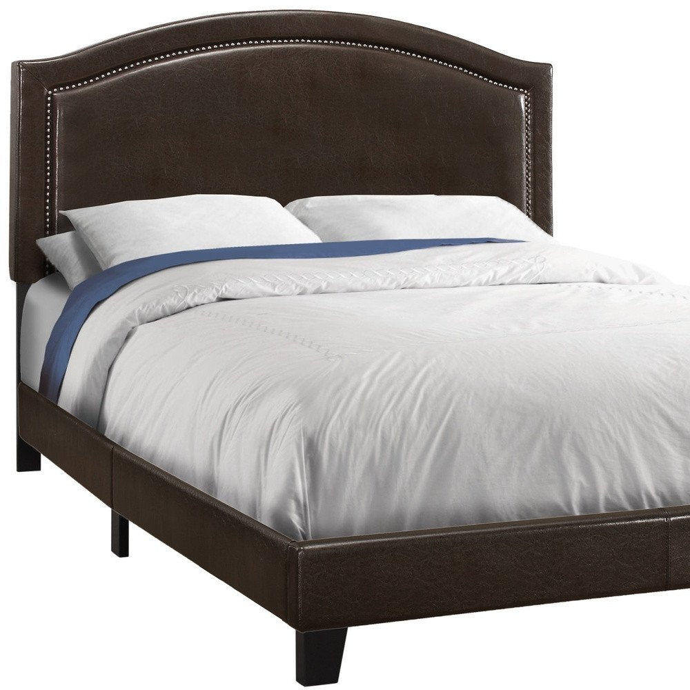 Gray solid wood queen bed frame with upholstered linen headboard and nailhead trim