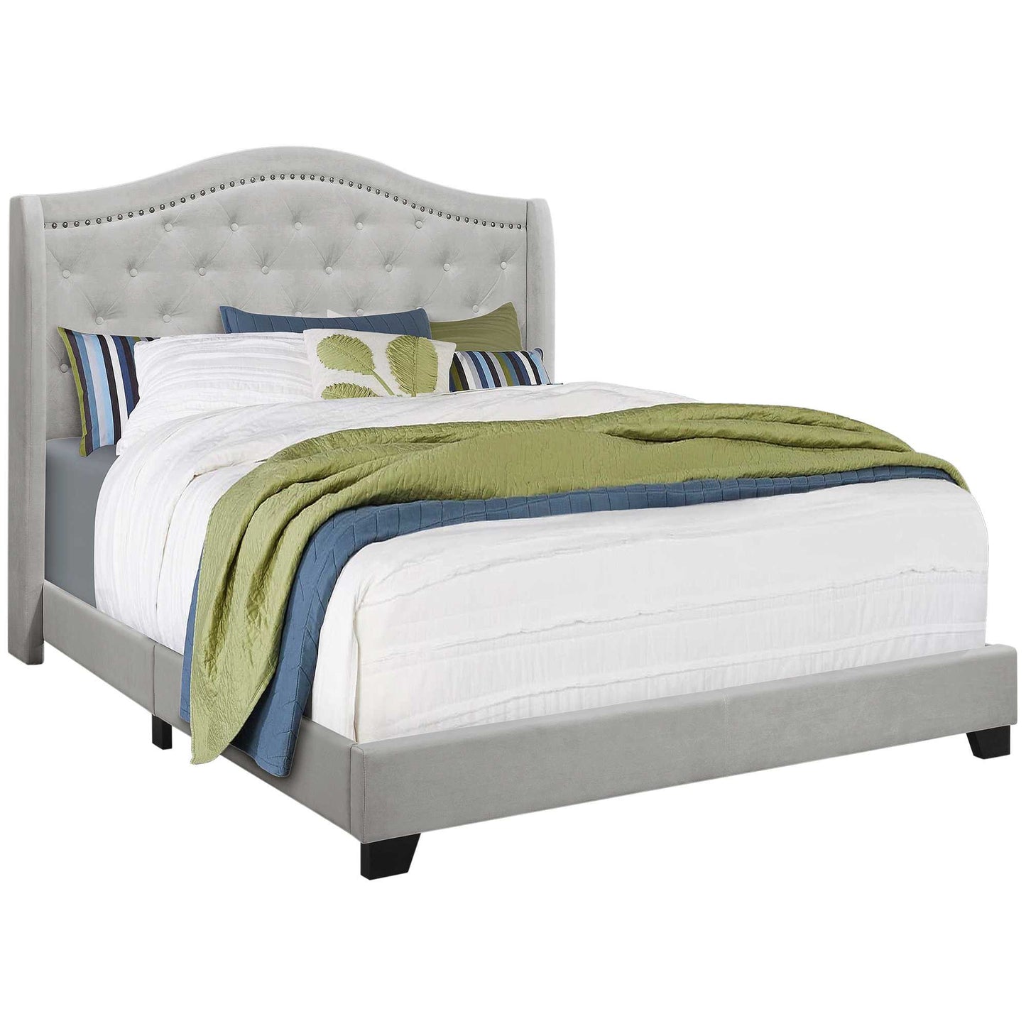 Gray and Light Gray Queen Tufted Upholstered Bed Frame with Nailhead Trim