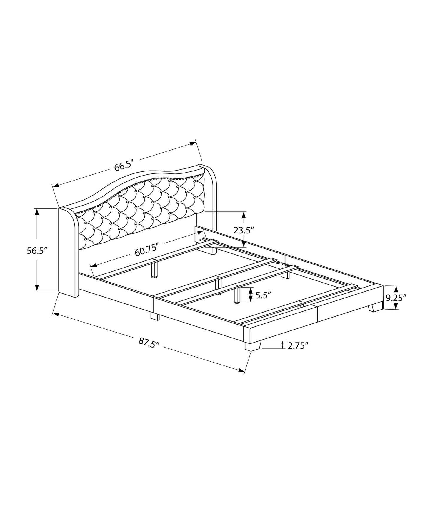 Tufted Light Gray Standard Bed Upholstered With Nailhead Trim And With Headboard