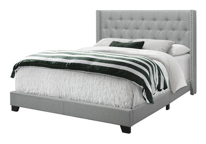 Gray Solid Wood And Tufted Linen Queen Bed Frame with Nailhead Trim