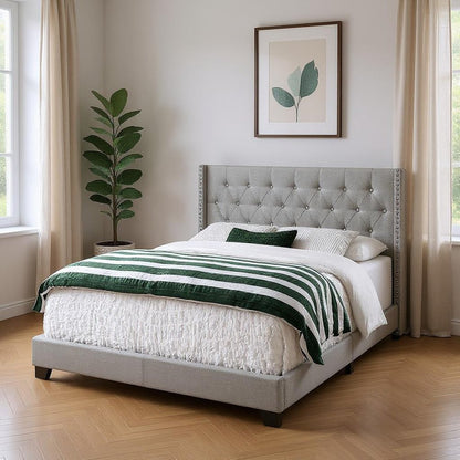 Gray Solid Wood And Tufted Linen Queen Bed Frame with Nailhead Trim