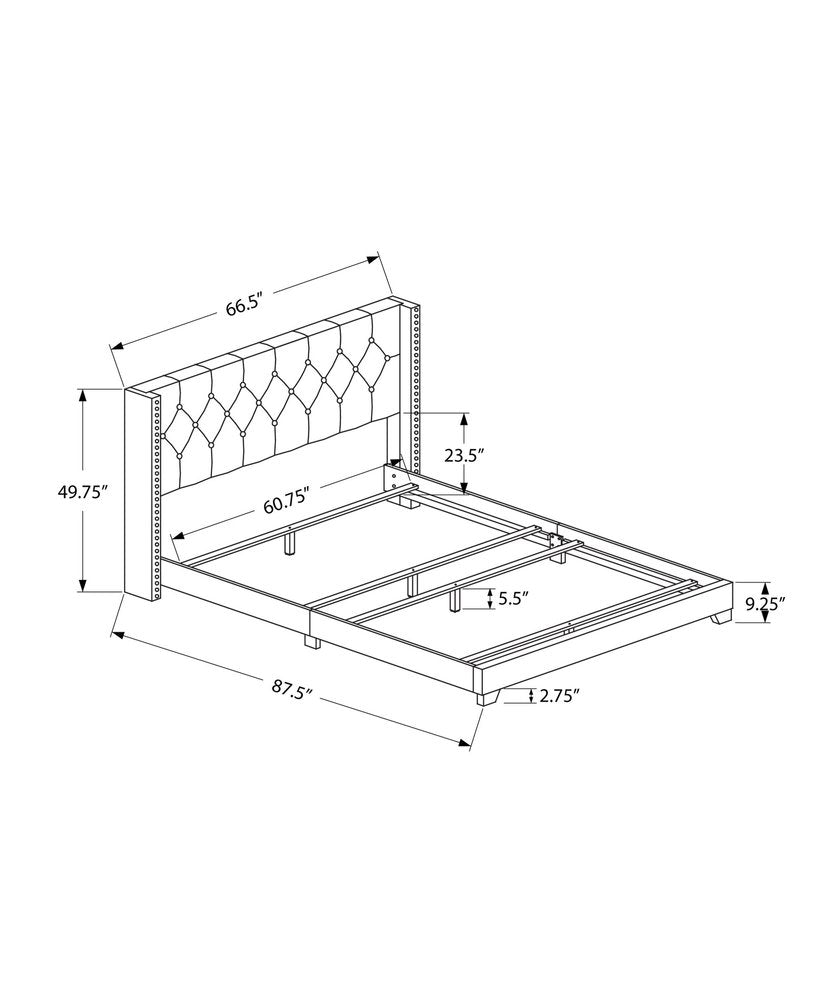 Line-drawing of a tall tufted upholstered headboard platform bed with slatted base and metal rails.
