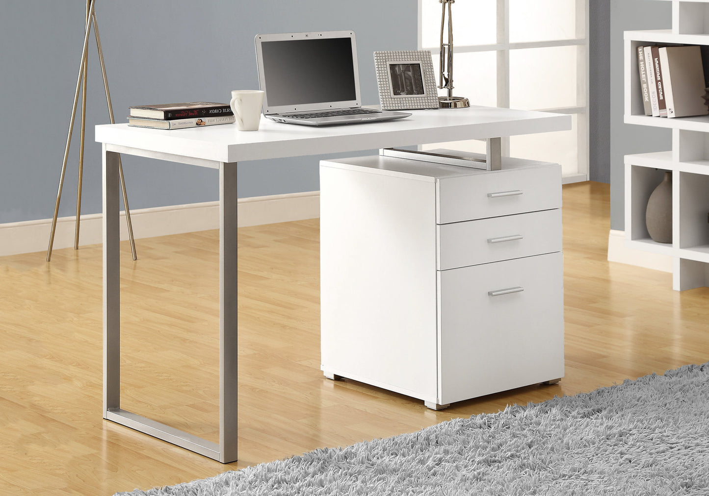 24" Taupe and Silver Computer Desk With Three Drawers