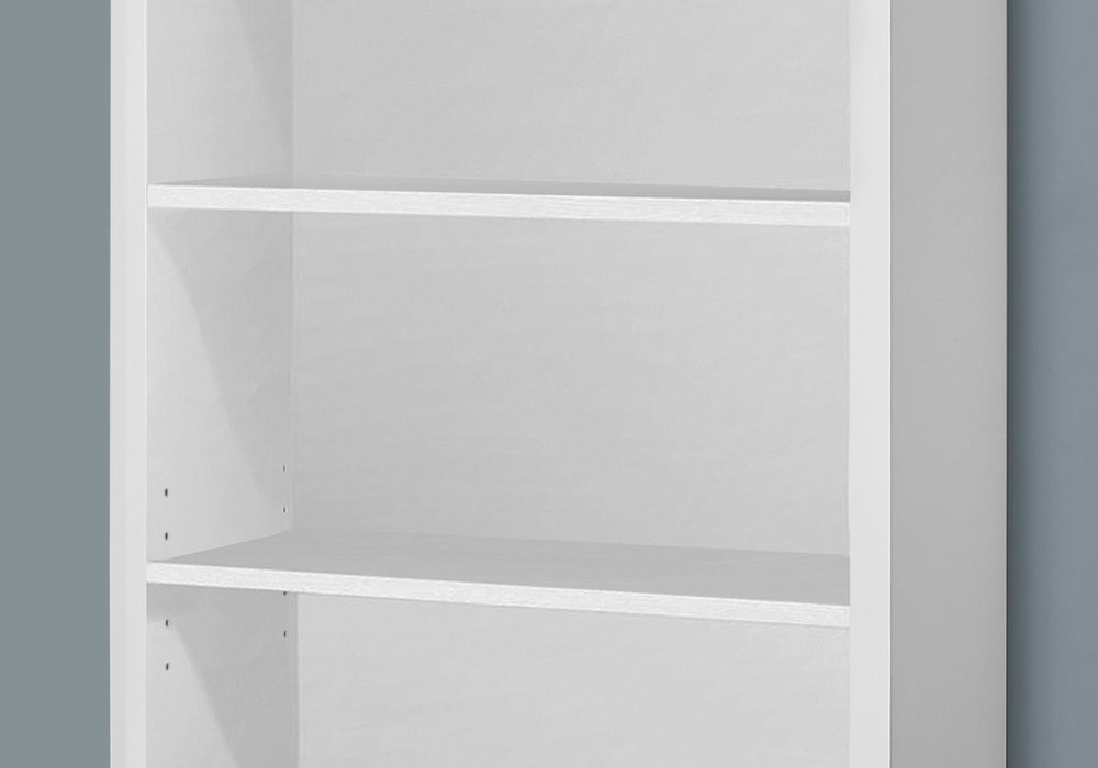 White wooden four-tier bookcase with adjustable shelves.
