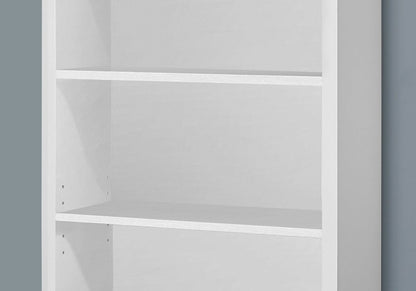 White wooden four-tier bookcase with adjustable shelves.