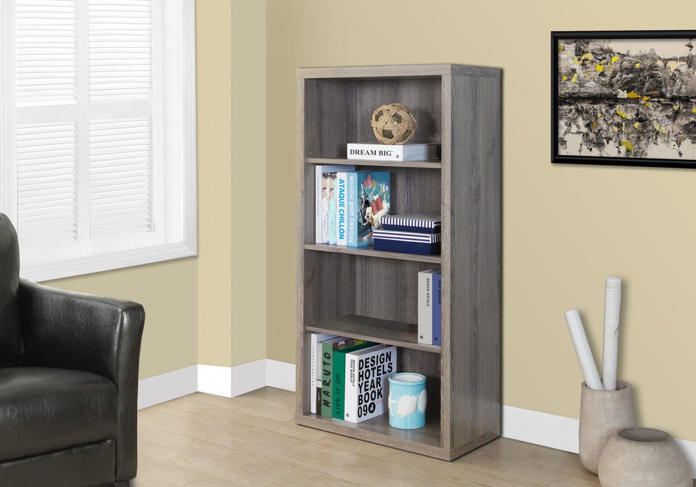 White wood adjustable four-tier bookcase with four shelves.
