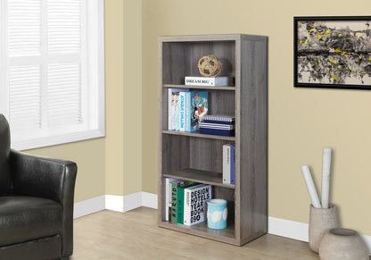 White wood adjustable four-tier bookcase with four shelves.