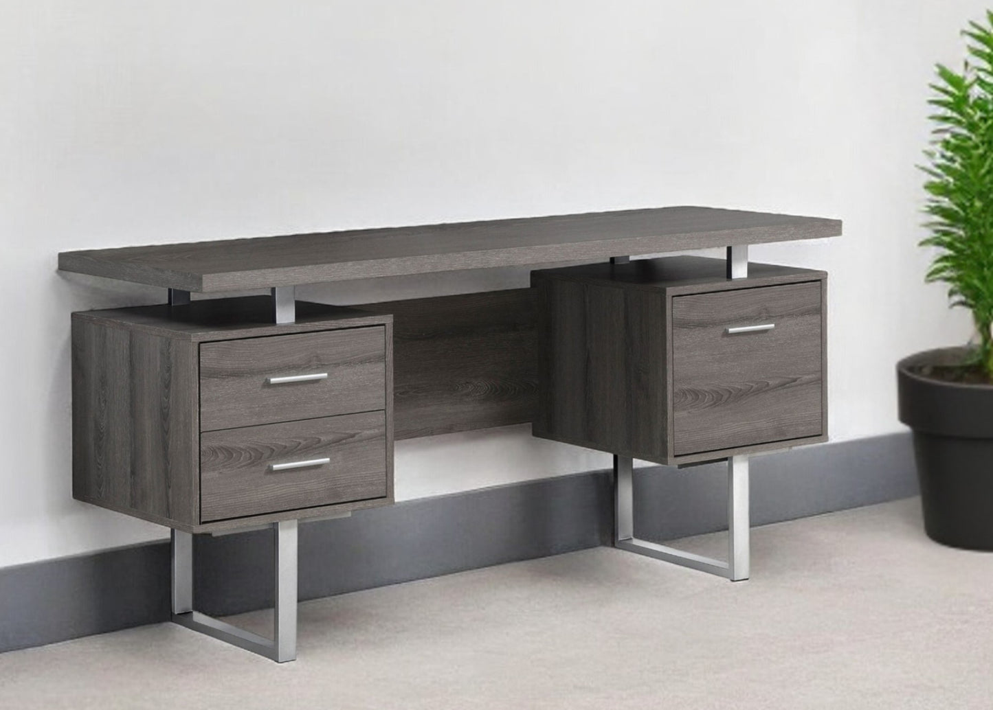 24" Brown and Silver Computer Desk With Three Drawers