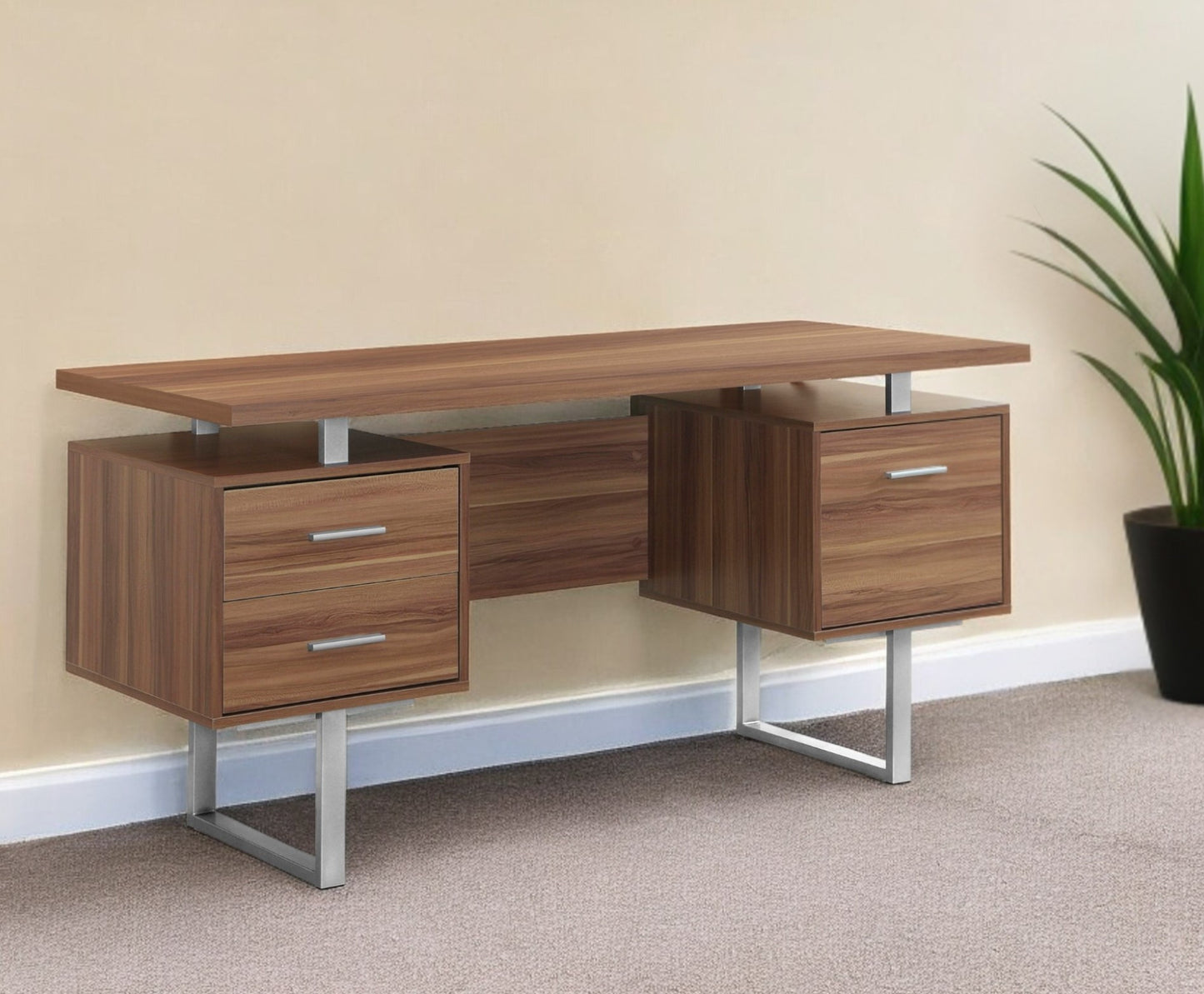 24" Brown and Silver Computer Desk With Three Drawers