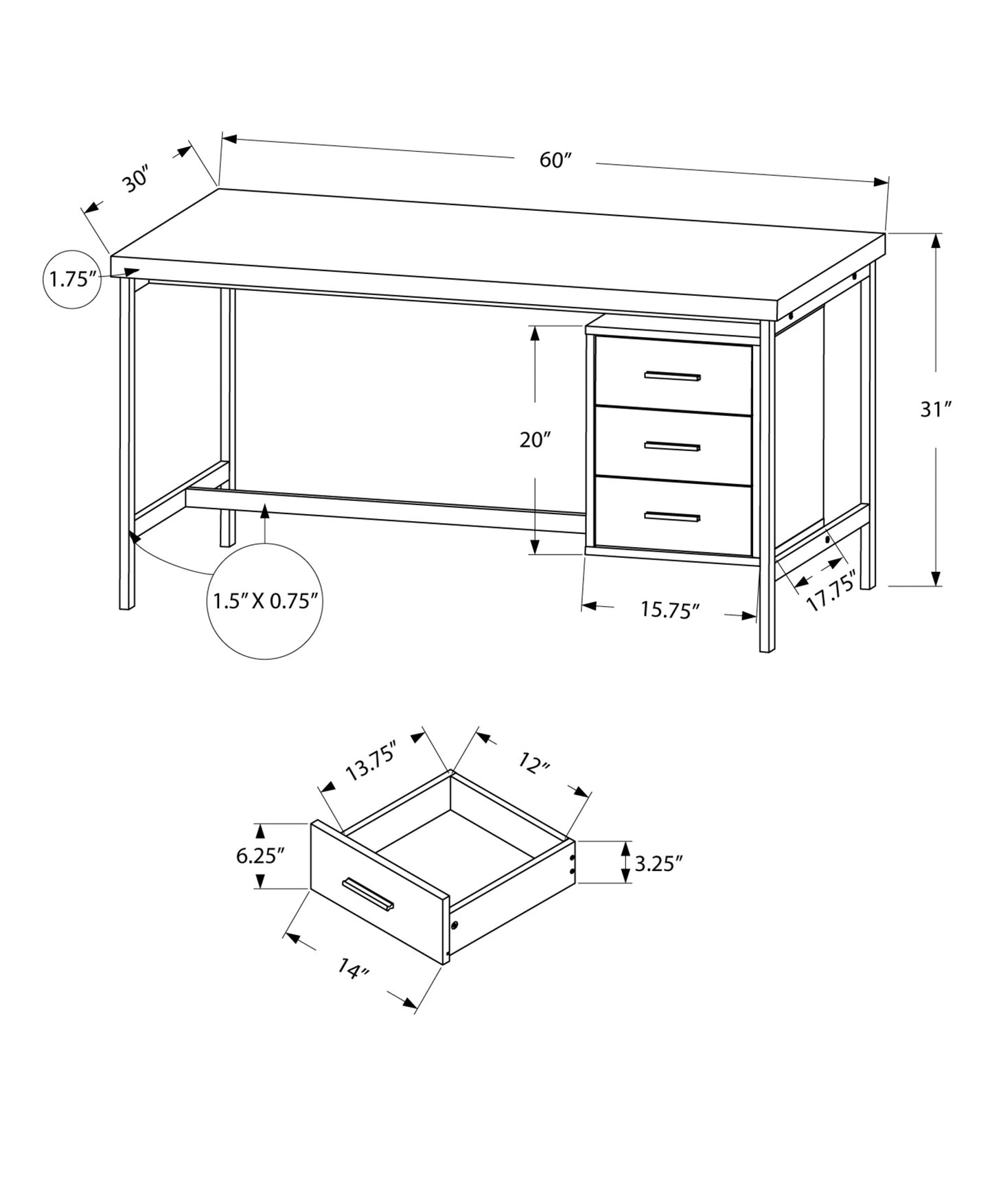 30" Natural and Silver Computer Desk With Three Drawers