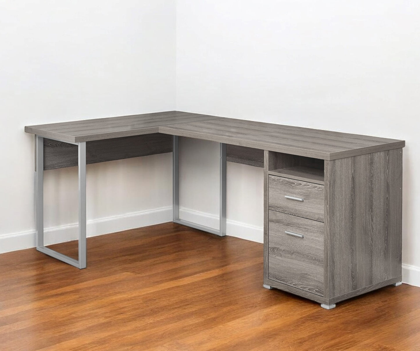 47" Taupe and Silver L Shape Computer Desk With Two Drawers