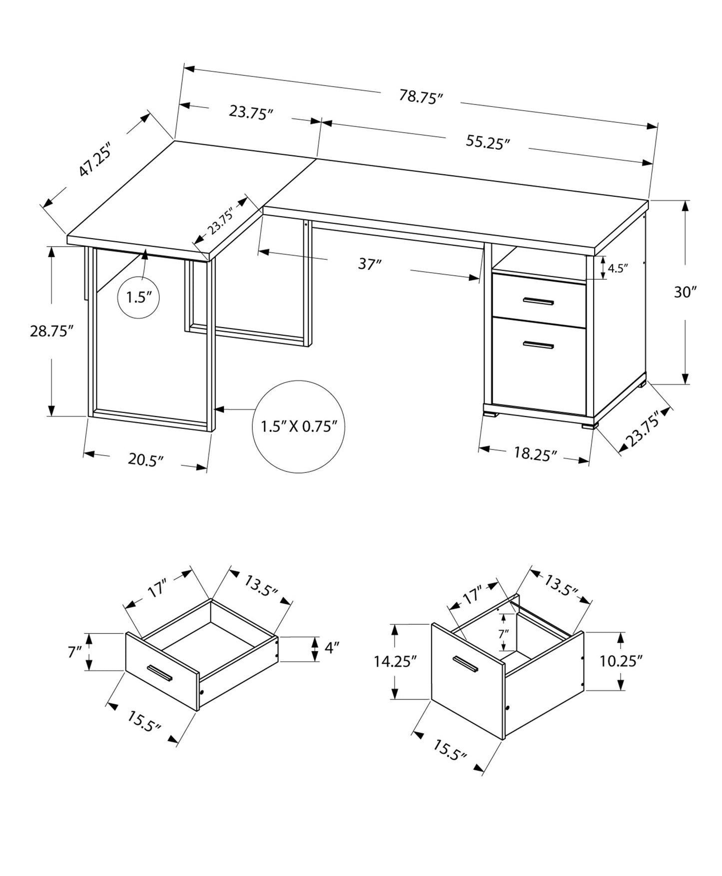 47" Taupe and Silver L Shape Computer Desk With Two Drawers