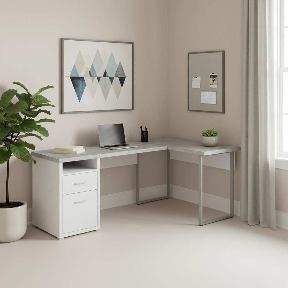 47" Taupe and Silver L Shape Computer Desk With Two Drawers