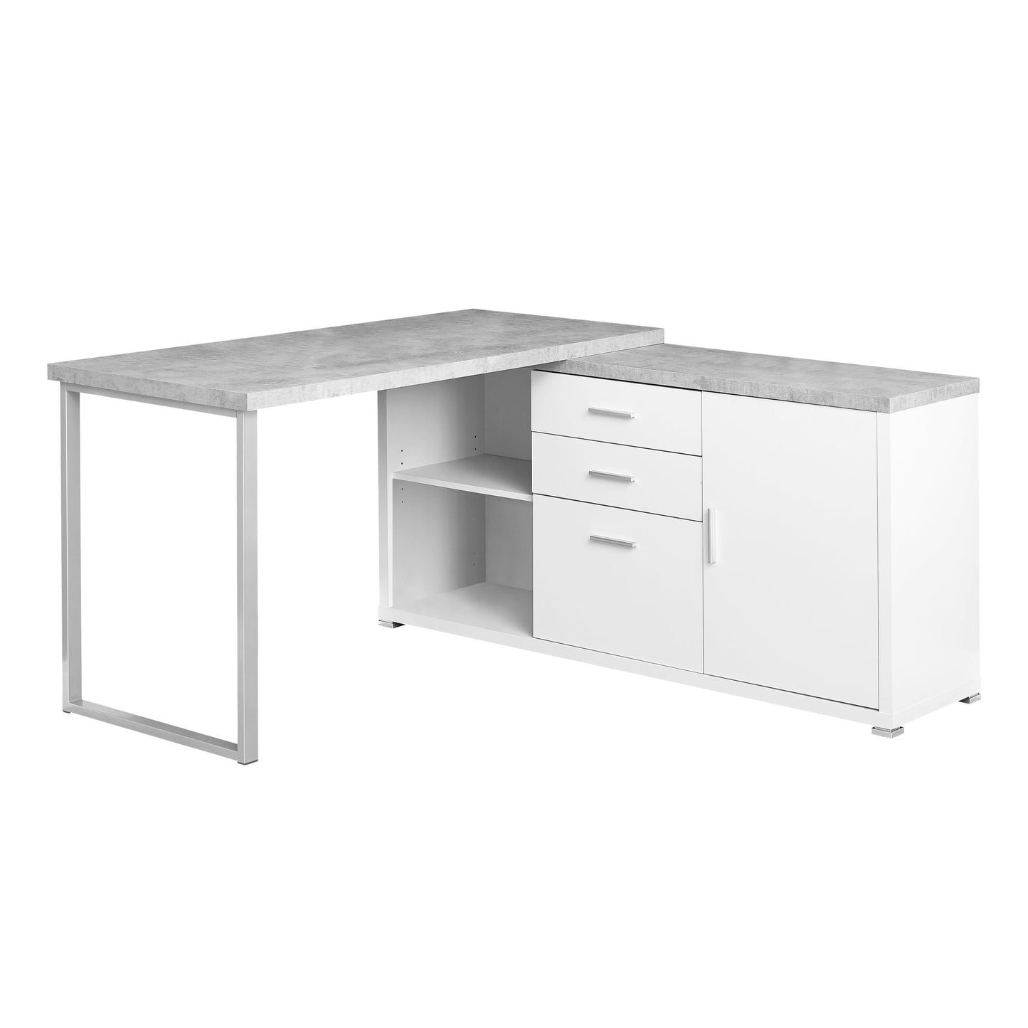 57" Gray and Silver L Shape Computer Desk With Three Drawers