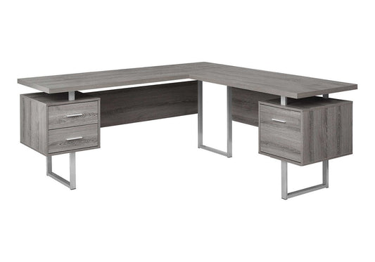 71" Taupe and Silver L Shape Computer Desk With Three Drawers