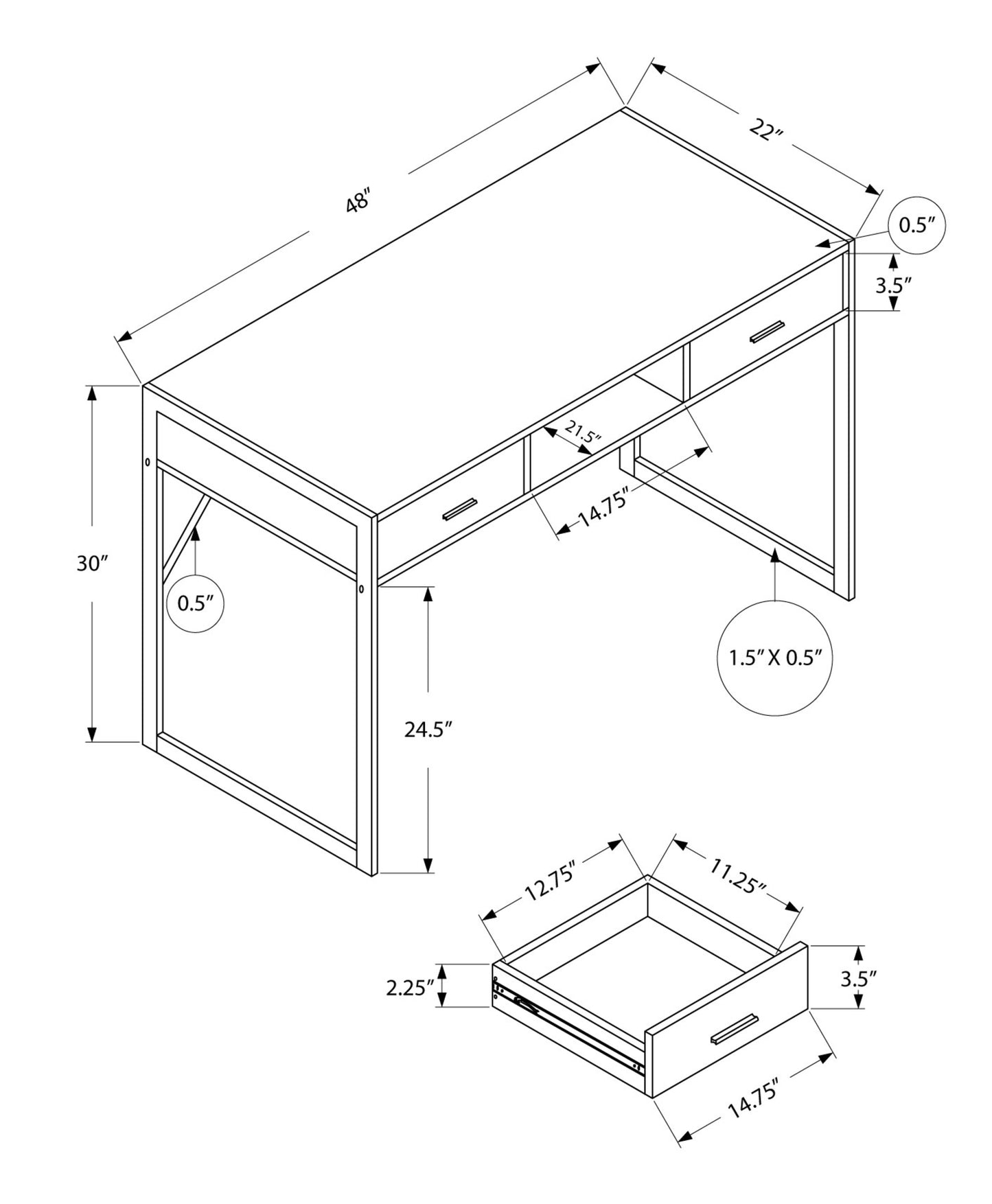 22" White and Silver Computer Desk With Two Drawers