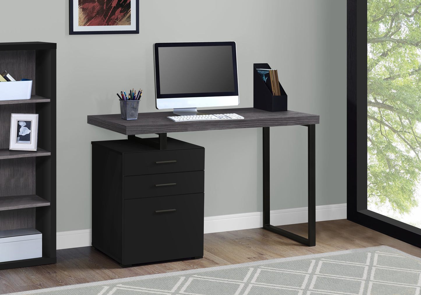 24" Taupe and Silver Computer Desk With Three Drawers