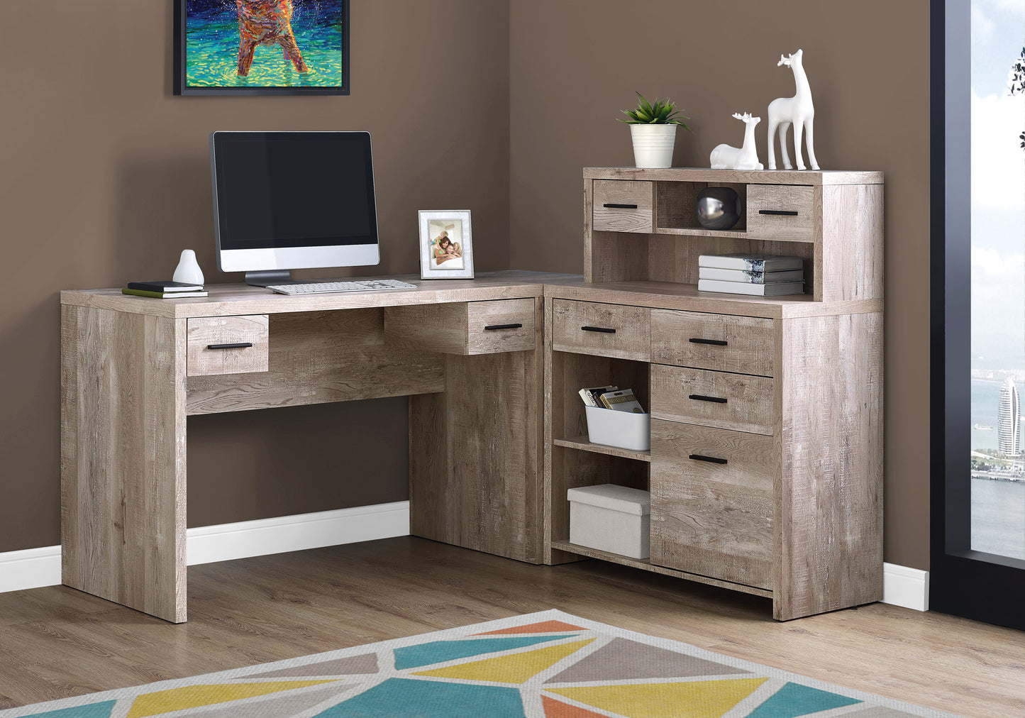 59" Gray and Black L Shape Computer Desk With Eight Drawers